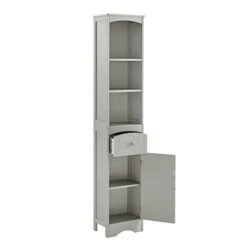 P PURLOVE Bathroom Storage Cabinet, Narrow Tall Slim Floor Cabinet With Drawers And 3 Tier Open Shelves, Tall Storage Cabinet With Door And Adjustable Shelf, For Bathroom, Living Room, Kitchen, Grey -Moen Shop 216HEfAYPGL