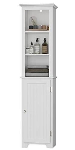 UTEX 64" Freestanding Storage Cabinet, Bathroom Tall Cabinet With Doors And Shelves, Free Standing Linen Tower, Home Storage Furniture,White