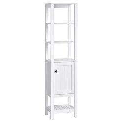HOMCOM Freestanding Wood Bathroom Storage Tall Cabinet Organizer Tower With Shelves & Compact Design, White