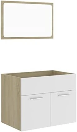 VidaXL 2 Piece Bathroom Furniture Set Washroom Laundry Room Rack Cabinet Storage Vanity Mirror Cupboard Home White And Sonoma Oak Engineered Wood -Moen Shop 21zkKEXOtyL. AC
