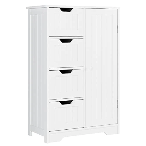 FOTOSOK Bathroom Floor Cabinet, Freestanding Storage Cabinet With 4 Drawers & 1 Cupboard, Adjustable Shelf For Bathroom Entryway Living Room, White 3 FOTOSOK Bathroom Floor Cabinet, Freestanding Storage Cabinet With 4 Drawers & 1 Cupboard, Adjustable Shelf For Bathroom Entryway Living Room, White