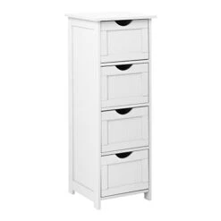 Bonnlo Bathroom Organizer And Storage Wooden Side Bathroom Cabinet With 4 Drawers Free Standing Cabinet White For Bathroom Bedroom Living Room Hallway, 11 13/16" X11 13/16" X32 3/8"