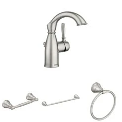 Moen 84144SRN Sarona One Handle Single Hole Rustic Farmhouse Bathroom Sink Faucet With Optional Deckplate, Spot Resist Brushed Nickel + Toilet Paper Holder + 24-inch Single Towel Bar + Hand Towel Ring