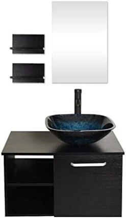 Puluomis Wall Mounted Bathroom Vanity, Double Wood Side Shelves With Mirror, 1-Door And 2-Shelves, Black Finish, 28-Inch 28 Puluomis Wall Mounted Bathroom Vanity, Double Wood Side Shelves With Mirror, 1-Door And 2-Shelves, Black Finish, 28-Inch -Moen Shop 315X8eGsqkL. AC