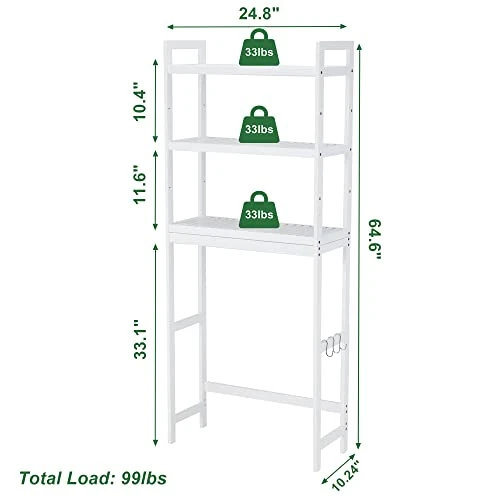 Kasunpul Over The Toilet Storage, 3-Tier Bamboo Over Toilet Bathroom Organizer With Adjustable Shelf & 3 Hook, Fit Most Toilets, Space-Saving, Easy Assembly, White 5 Kasunpul Over The Toilet Storage, 3-Tier Bamboo Over Toilet Bathroom Organizer With Adjustable Shelf & 3 Hook, Fit Most Toilets, Space-Saving, Easy Assembly, White - Image 3
