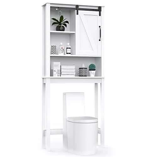 Aowos Over The Toilet Storage Cabinet, Freestanding Bathroom Organizer Over Toilet With Sliding Barn Door, 3-Tier Adjustable Shelves, Open Storage, White 3 Aowos Over The Toilet Storage Cabinet, Freestanding Bathroom Organizer Over Toilet With Sliding Barn Door, 3-Tier Adjustable Shelves, Open Storage, White