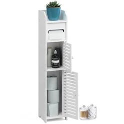 MEZHI Bathroom Storage Cabinet Floor Standing Toilet Paper Organizer Shelves With Door (White)