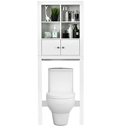 Tangkula Over The Toilet Storage Cabinet, Bathroom Space Saver Organizer W/4 Open Shelves, 2-Door Cabinet & Adjustable Shelves, Above Toilet Stand W/Anti-Tilt Device, Freestanding Toilet Rack (White) 3 Tangkula Over The Toilet Storage Cabinet, Bathroom Space Saver Organizer W/4 Open Shelves, 2-Door Cabinet & Adjustable Shelves, Above Toilet Stand W/Anti-Tilt Device, Freestanding Toilet Rack (White)