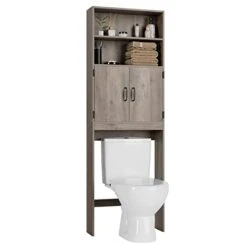 HOSTACK Over The Toilet Storage, Double Door Bathroom Organizer Toilet Cabinet, Freestanding Above Toilet Rack With Open Shelves And Adjustable Bottom Bar, 76.8 In H, Ash Gray -Moen Shop 31H66ZE4SiL