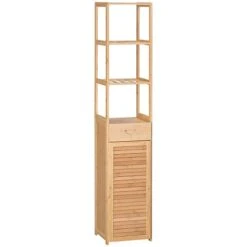 Kleankin Tall Bathroom Cabinet With Drawer And Slatted Shelves, Tall Slim Bamboo Linen Tower Freestanding Linen Towel With Louvered Door, Natural