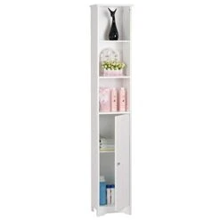 Holyfly Bathroom Tall Cabinet, 3 Layer Freestanding Linen Tower With One Door & Five Layer, Adjustable Shelves, 11.81 X 9.45 X 66.93 Inches, For Bathroom, Living Room, Kitchen, White