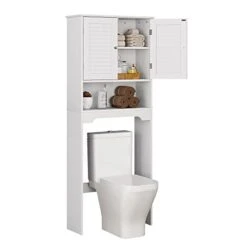 HOMEFORT Bathroom Cabinet, Louvre Étagere Over The Toilet Storage Cabinet, Freestanding Bathroom Spacesaver, Above Toilet Bathroom Shelf Organizer With Double Wood Doors And Adjustable Shelf(White)