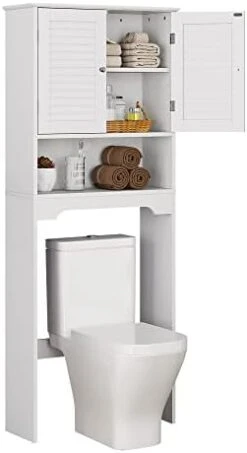 HOMEFORT Bathroom Cabinet, Louvre Étagere Over The Toilet Storage Cabinet, Freestanding Bathroom Spacesaver, Above Toilet Bathroom Shelf Organizer With Double Wood Doors And Adjustable Shelf(White) -Moen Shop 31VdhFoc4OL. AC