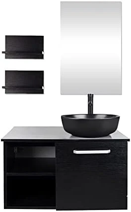 Puluomis Wall Mounted Bathroom Vanity, Double Wood Side Shelves With Mirror, 1-Door And 2-Shelves, Black Finish, 28-Inch 11 Puluomis Wall Mounted Bathroom Vanity, Double Wood Side Shelves With Mirror, 1-Door And 2-Shelves, Black Finish, 28-Inch - Image 9