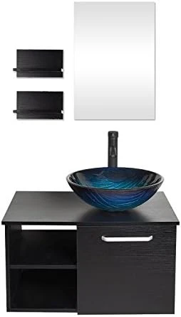 Puluomis Wall Mounted Bathroom Vanity, Double Wood Side Shelves With Mirror, 1-Door And 2-Shelves, Black Finish, 28-Inch 15 Puluomis Wall Mounted Bathroom Vanity, Double Wood Side Shelves With Mirror, 1-Door And 2-Shelves, Black Finish, 28-Inch - Image 13