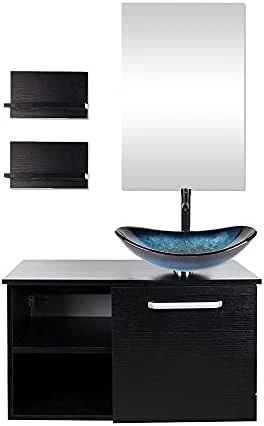 Puluomis Wall Mounted Bathroom Vanity, Double Wood Side Shelves With Mirror, 1-Door And 2-Shelves, Black Finish, 28-Inch 13 Puluomis Wall Mounted Bathroom Vanity, Double Wood Side Shelves With Mirror, 1-Door And 2-Shelves, Black Finish, 28-Inch - Image 11