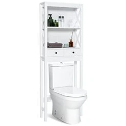 Over The Toilet Storage Cabinet, 65''Over The Toilet Storage Cabinet With Adjustable Bottom Bar, 2 Open Shelves, 2 Drawers, Anti-tip Devices, Freestanding Above Toilet Storage Cabinet (White)