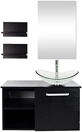 Puluomis Wall Mounted Bathroom Vanity, Double Wood Side Shelves With Mirror, 1-Door And 2-Shelves, Black Finish, 28-Inch 17 Puluomis Wall Mounted Bathroom Vanity, Double Wood Side Shelves With Mirror, 1-Door And 2-Shelves, Black Finish, 28-Inch - Image 15