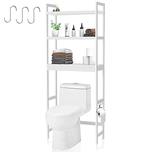 Kasunpul Over The Toilet Storage, 3-Tier Bamboo Over Toilet Bathroom Organizer With Adjustable Shelf & 3 Hook, Fit Most Toilets, Space-Saving, Easy Assembly, White 3 Kasunpul Over The Toilet Storage, 3-Tier Bamboo Over Toilet Bathroom Organizer With Adjustable Shelf & 3 Hook, Fit Most Toilets, Space-Saving, Easy Assembly, White