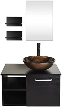 Puluomis Wall Mounted Bathroom Vanity, Double Wood Side Shelves With Mirror, 1-Door And 2-Shelves, Black Finish, 28-Inch 30 Puluomis Wall Mounted Bathroom Vanity, Double Wood Side Shelves With Mirror, 1-Door And 2-Shelves, Black Finish, 28-Inch -Moen Shop 31pwuk8 8L. AC