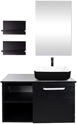 Puluomis Wall Mounted Bathroom Vanity, Double Wood Side Shelves With Mirror, 1-Door And 2-Shelves, Black Finish, 28-Inch 26 Puluomis Wall Mounted Bathroom Vanity, Double Wood Side Shelves With Mirror, 1-Door And 2-Shelves, Black Finish, 28-Inch -Moen Shop 31sptJoPuL. AC