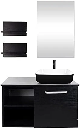 Puluomis Wall Mounted Bathroom Vanity, Double Wood Side Shelves With Mirror, 1-Door And 2-Shelves, Black Finish, 28-Inch 12 Puluomis Wall Mounted Bathroom Vanity, Double Wood Side Shelves With Mirror, 1-Door And 2-Shelves, Black Finish, 28-Inch - Image 10
