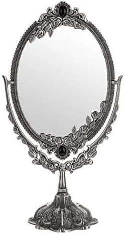 JUXYES Metal Tabletop Antique Decorative Makeup Mirror With Stand, Vintage Swivel Double Sided Cosmetic Mirror With Frame, Retro Desktop Oval Dressing Mirror For Bathroom Bedroom -Moen Shop 41 wGp5ouJL. AC