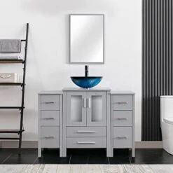 Eclife 48" Grey Bathroom Vanity W/Grey Side Cabinets Combo Modern Pedestal Cabinet Set Pedestal Stand Wood With Bathroom Vanity Mirror Drawers Soft Closing Cabinet Doors Set (B02GY2B11GY) -Moen Shop 410LaMHQUWL. AC