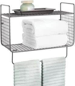 MDesign Steel Wall Mount Towel Rack Storage Organizer Shelf Holder With Towel Bar - For Bathroom, Laundry Room, Kitchen, Garage - Holds Hand Towels, Washcloth - Concerto Collection - Chrome -Moen Shop 4110IG3U 4L. AC
