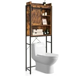 Giantex Over The Toilet Storage Cabinet, 4-Tier Bathroom Organizer W/ 3-Position Adjustable Shelves & Sliding Barn Door, Freestanding Toilet Space Saver Shelf For Bathroom, Laundry (Rustic Brown)