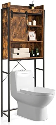 Giantex Over The Toilet Storage Cabinet, 4-Tier Bathroom Organizer W/ 3-Position Adjustable Shelves & Sliding Barn Door, Freestanding Toilet Space Saver Shelf For Bathroom, Laundry (Rustic Brown) 10 Giantex Over The Toilet Storage Cabinet, 4-Tier Bathroom Organizer W/ 3-Position Adjustable Shelves & Sliding Barn Door, Freestanding Toilet Space Saver Shelf For Bathroom, Laundry (Rustic Brown) - Image 8