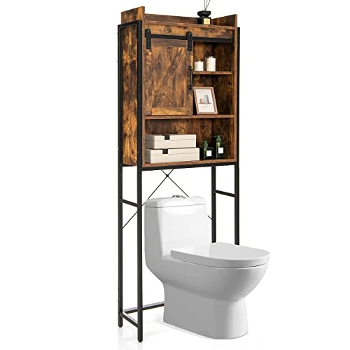 Giantex Over The Toilet Storage Cabinet, 4-Tier Bathroom Organizer W/ 3-Position Adjustable Shelves & Sliding Barn Door, Freestanding Toilet Space Saver Shelf For Bathroom, Laundry (Rustic Brown) 3 Giantex Over The Toilet Storage Cabinet, 4-Tier Bathroom Organizer W/ 3-Position Adjustable Shelves & Sliding Barn Door, Freestanding Toilet Space Saver Shelf For Bathroom, Laundry (Rustic Brown)