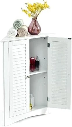 GLACER 3-Shelf Corner Cabinet, Freestanding Bathroom Floor Cabinet With Double Shutter Doors And Adjustable Shelf, Suitable For Bathroom, Living Room, Bedroom, Kitchen, 25 X 12.5 X 32 Inches (Grey) -Moen Shop 412LsNyY7gL. AC