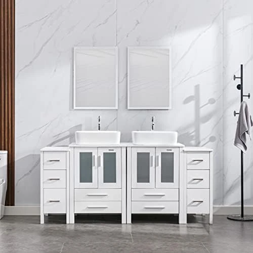 Eclife 72" White Bathroom Vanity W/White Side Cabinet Combo Modern Pedestal Cabinet Set Pedestal Stand Wood With Bathroom Vanity Mirror Drawers Soft Closing Cabinet Doors Set (2B02W 2B11W) 11 Eclife 72" White Bathroom Vanity W/White Side Cabinet Combo Modern Pedestal Cabinet Set Pedestal Stand Wood With Bathroom Vanity Mirror Drawers Soft Closing Cabinet Doors Set (2B02W 2B11W) - Image 9