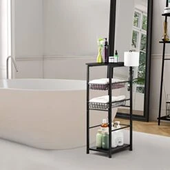 OYEAL Bathroom Floor Storage Cabinet 4 Tier Over The Toilet Storage Holder With Drawers Toilet Paper Holder Stand For Bathroom Laundry Room Entryway Kitchen Pantry, Black -Moen Shop 413TsUXzMSL