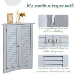 GLACER 3-Shelf Corner Cabinet, Freestanding Bathroom Floor Cabinet With Double Shutter Doors And Adjustable Shelf, Suitable For Bathroom, Living Room, Bedroom, Kitchen, 25 X 12.5 X 32 Inches (Grey) -Moen Shop 413giyfcaxL