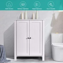 DORTALA Bathroom Floor Cabinet, 3 Tier Free Standing Storage Cabinet W/Adjustable Shelf And Double Doors, Simple Style Multifunctional Wood Storage Organizer For Home, Bathroom, Aparment, White 12 DORTALA Bathroom Floor Cabinet, 3 Tier Free Standing Storage Cabinet W/Adjustable Shelf And Double Doors, Simple Style Multifunctional Wood Storage Organizer For Home, Bathroom, Aparment, White -Moen Shop 4148jc6AdLL