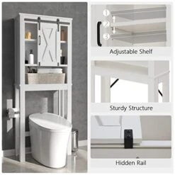 SOSPIRO Farmhouse Over The Toilet Storage With Sliding Barn Door, Freestanding Bathroom Over The Toilet Organizer Above Toilet Storage Cabinet With Adjustable Shelf, Tall Bathroom Space Saver, White1 -Moen Shop 414Ge666AcL