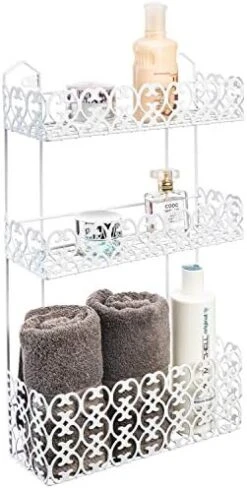 MyGift Wall Mounted White Metal 3 Tiered Hanging Bathroom Shelf, Decorative Kitchen Shelf Organizer Spice Rack With Victorian Cutout Design -Moen Shop 414hYCckZL. AC
