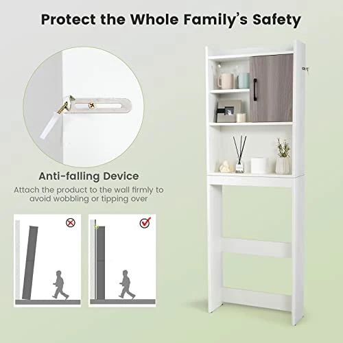 LOKO Over The Toilet Storage Cabinet, Wooden Bathroom Space Saver With Door & Open Storage Shelves, Anti-toppling Device, Freestanding Over Toilet Bathroom Organizer For Bathroom, Laundry 7 LOKO Over The Toilet Storage Cabinet, Wooden Bathroom Space Saver With Door & Open Storage Shelves, Anti-toppling Device, Freestanding Over Toilet Bathroom Organizer For Bathroom, Laundry - Image 5