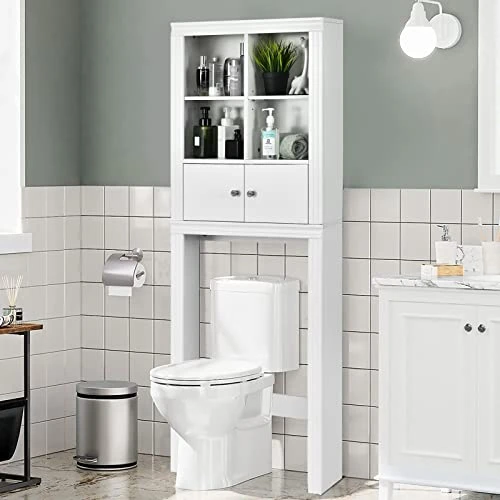 Tangkula Over The Toilet Storage Cabinet, Bathroom Space Saver Organizer W/4 Open Shelves, 2-Door Cabinet & Adjustable Shelves, Above Toilet Stand W/Anti-Tilt Device, Freestanding Toilet Rack (White) 4 Tangkula Over The Toilet Storage Cabinet, Bathroom Space Saver Organizer W/4 Open Shelves, 2-Door Cabinet & Adjustable Shelves, Above Toilet Stand W/Anti-Tilt Device, Freestanding Toilet Rack (White) - Image 2