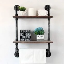 Industrial Pipe Shelf Bathroom Shelves Wall Mounted,19.6in Rustic Wood Shelf With Towel Bar,2 Tier Farmhouse Towel Rack Over Toilet,Pipe Shelving Floating Shelves Towel Holder,Retro Grey