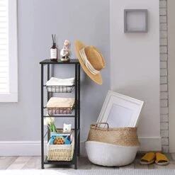 OYEAL Bathroom Floor Storage Cabinet 4 Tier Over The Toilet Storage Holder With Drawers Toilet Paper Holder Stand For Bathroom Laundry Room Entryway Kitchen Pantry, Black