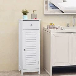 Noskatu Bathroom Floor Cabinet Small Storage Corner Floor Cupboard With A Single Shutter Door And Drawer Narrow Bathroom Cabinet For Bathroom Bedroom Living Room Kitchen White -Moen Shop 416YGkktUL. AC