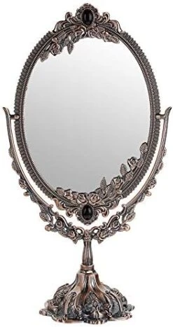 JUXYES Metal Tabletop Antique Decorative Makeup Mirror With Stand, Vintage Swivel Double Sided Cosmetic Mirror With Frame, Retro Desktop Oval Dressing Mirror For Bathroom Bedroom -Moen Shop 418bTY3FfoL. AC