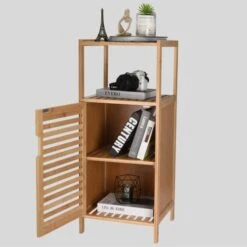 WHOLE HOUSEWARES Bamboo Shoe Rack Cabinet - Shelf Storage With Doors For Bathroom, Bedroom, And Kitchen- Freestanding Entryway Organizer Furniture - Multi-Tier Wood Cabinets For Small Spaces -Moen Shop 418jo8KzOnL