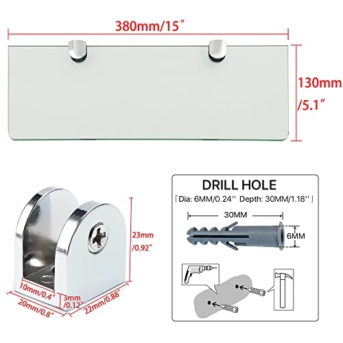 SAYAYO Floating Glass Shelves For Bathroom, 15 X 5 Inch Chrome Tempered Glass Shelf For Wall 1 Pack, Clear 4 SAYAYO Floating Glass Shelves For Bathroom, 15 X 5 Inch Chrome Tempered Glass Shelf For Wall 1 Pack, Clear - Image 2
