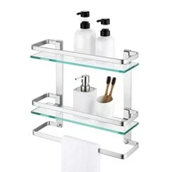 KES Bathroom Tempered Glass Shelf 2 Tier Storage Glass Shelf Rectangular With Bar Wall Mounted Sand Sprayed Anodized Aluminum Finish, A4127B -Moen Shop 419ve6ENiYL