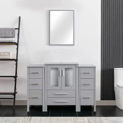 Eclife 48" Grey Bathroom Vanity W/Grey Side Cabinets Combo Modern Pedestal Cabinet Set Pedestal Stand Wood With Bathroom Vanity Mirror Drawers Soft Closing Cabinet Doors Set (B02GY2B11GY)