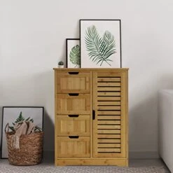 MUPATER Small Bathroom Storage Cabinet Bamboo With 4 Drawers And 1 Cupboard, Freestanding Compact Floor Towel Cabinet Bamboo For Bathroom, Laundry Room, Entryway And Bedroom, Natural -Moen Shop 41CCcybpUAL